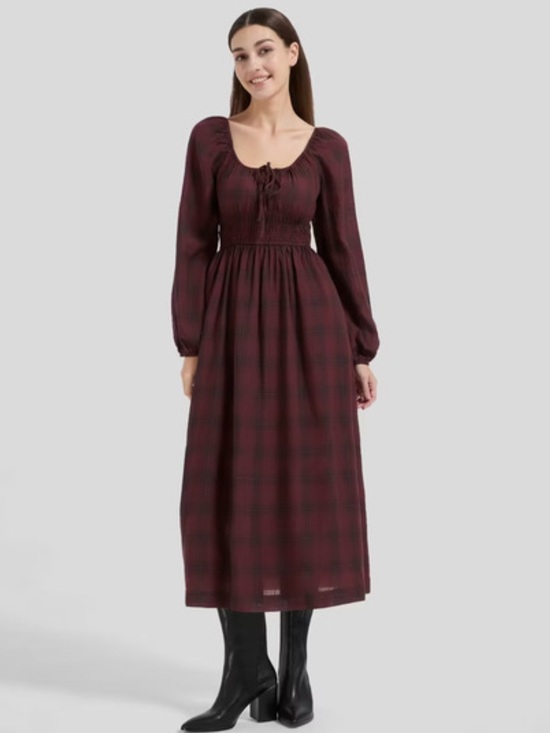 Universal Thread Dresses & Skirts - Burgundy Plaid Long Sleeve Midi A Line Dress size M